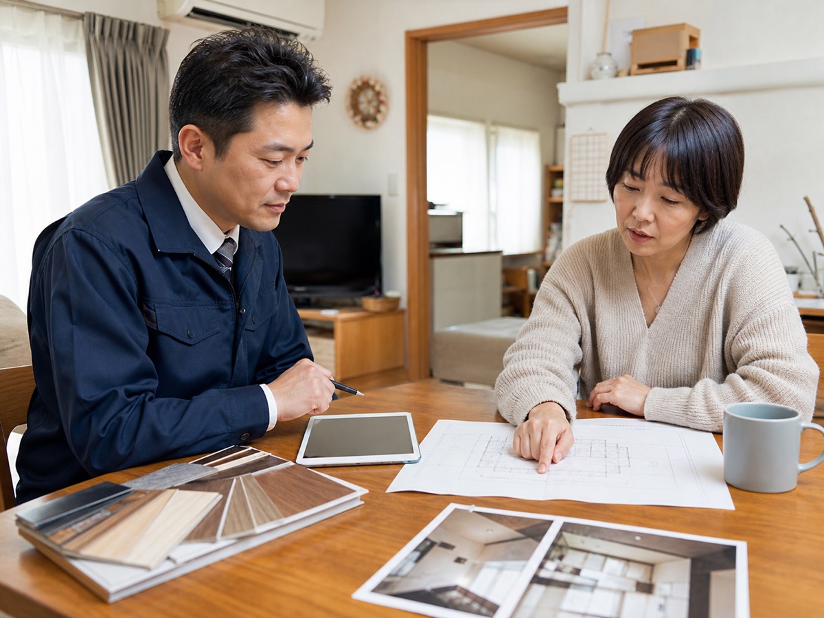 住まいで図面と素材見本を見ながら希望を聞く訪問相談