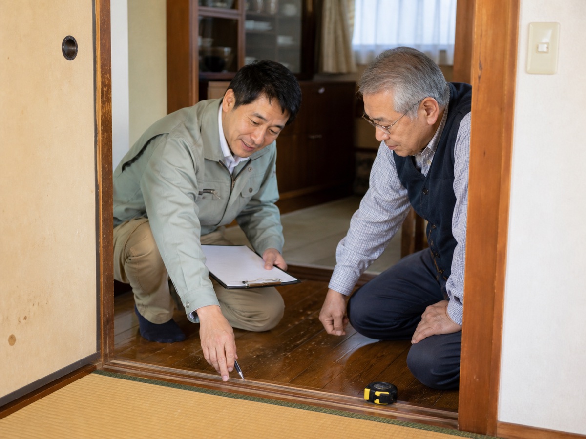 地域の戸建て住宅で担当者と住人が室内の段差を確認する訪問調査