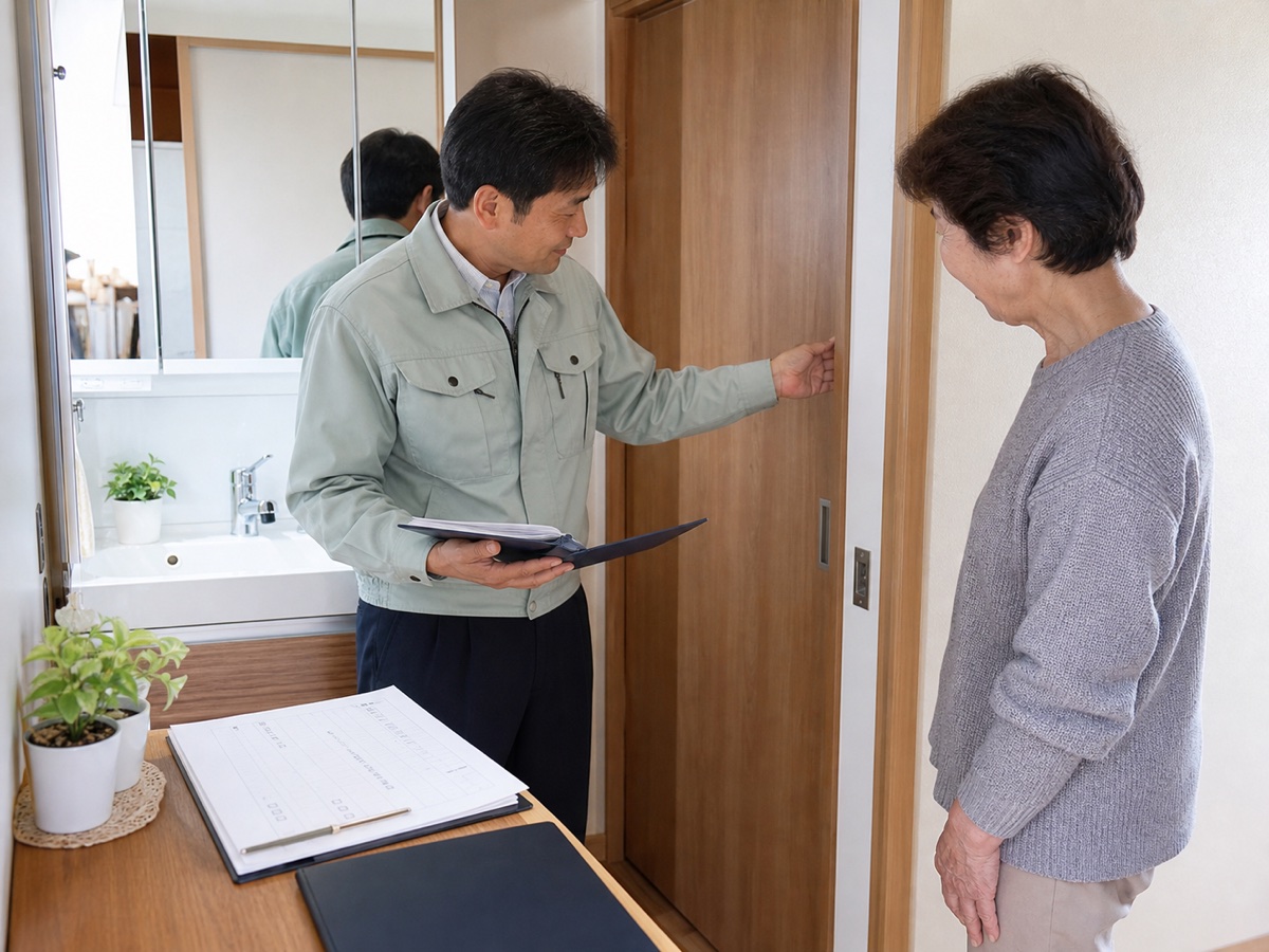 工事後に洗面室の建具と相談窓口を住人と確認する地域担当者