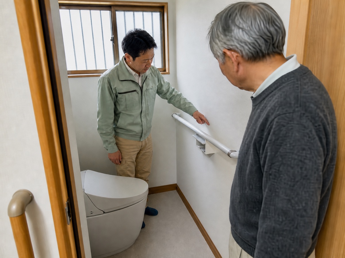 地域担当者と住人が改修後のトイレ手すり位置を確認する様子